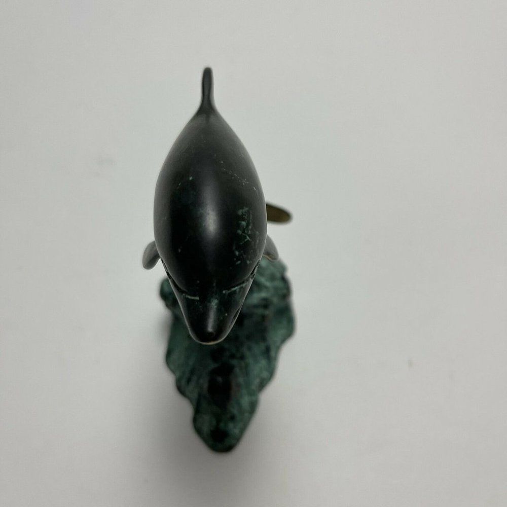 Brass Dolphin Statue Vintage Art Deco 6" High Brass Sculpture Patina Metal Base - Picture 6 of 10